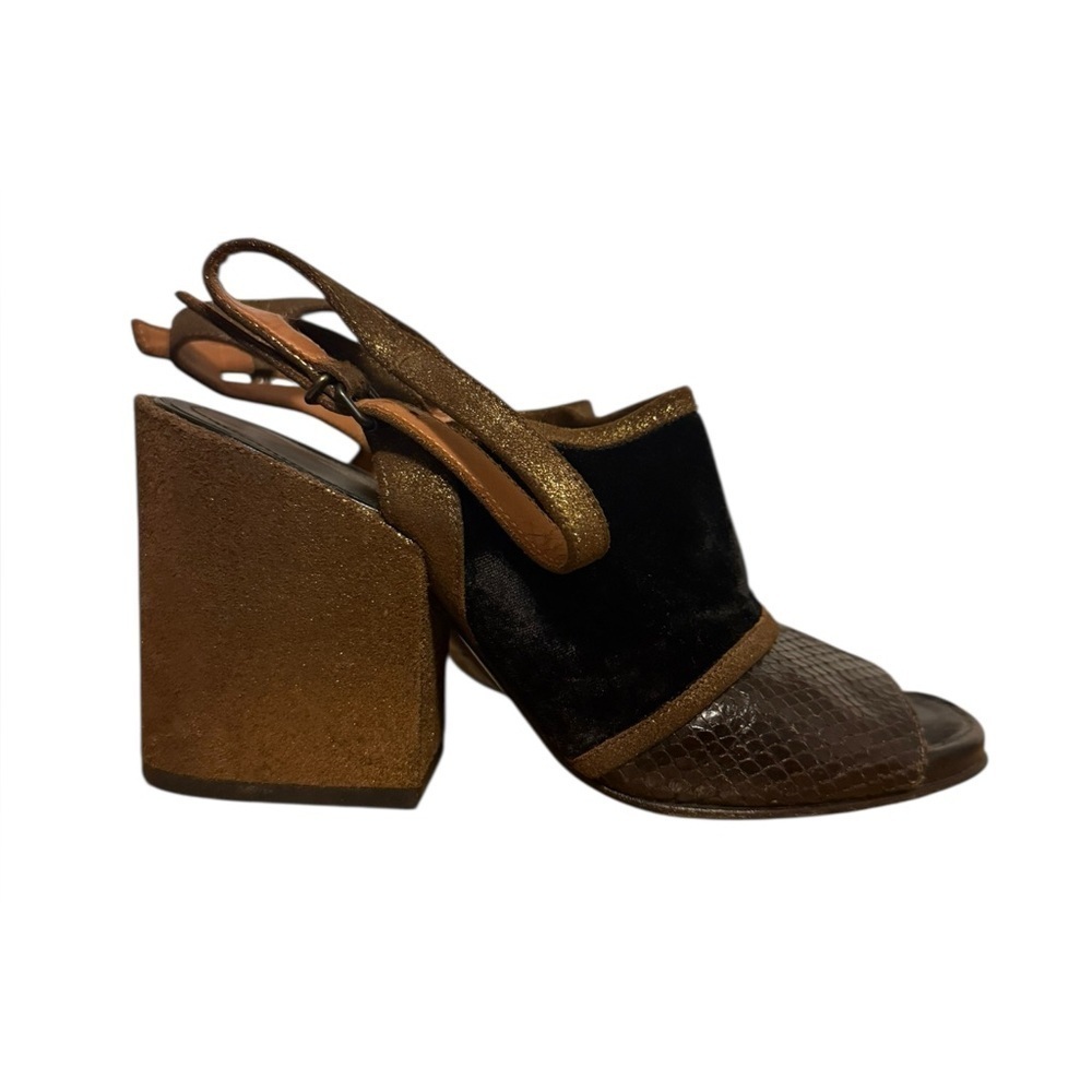 Dries Van Noten Leather Snakeskin Colorblock Gold Glitter Heels